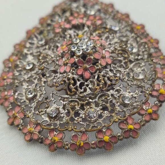 1920's Filigree, Rhinestone & Purple Enamel Flower Fur Clip from Czechoslovakia - Picture 3 of 7